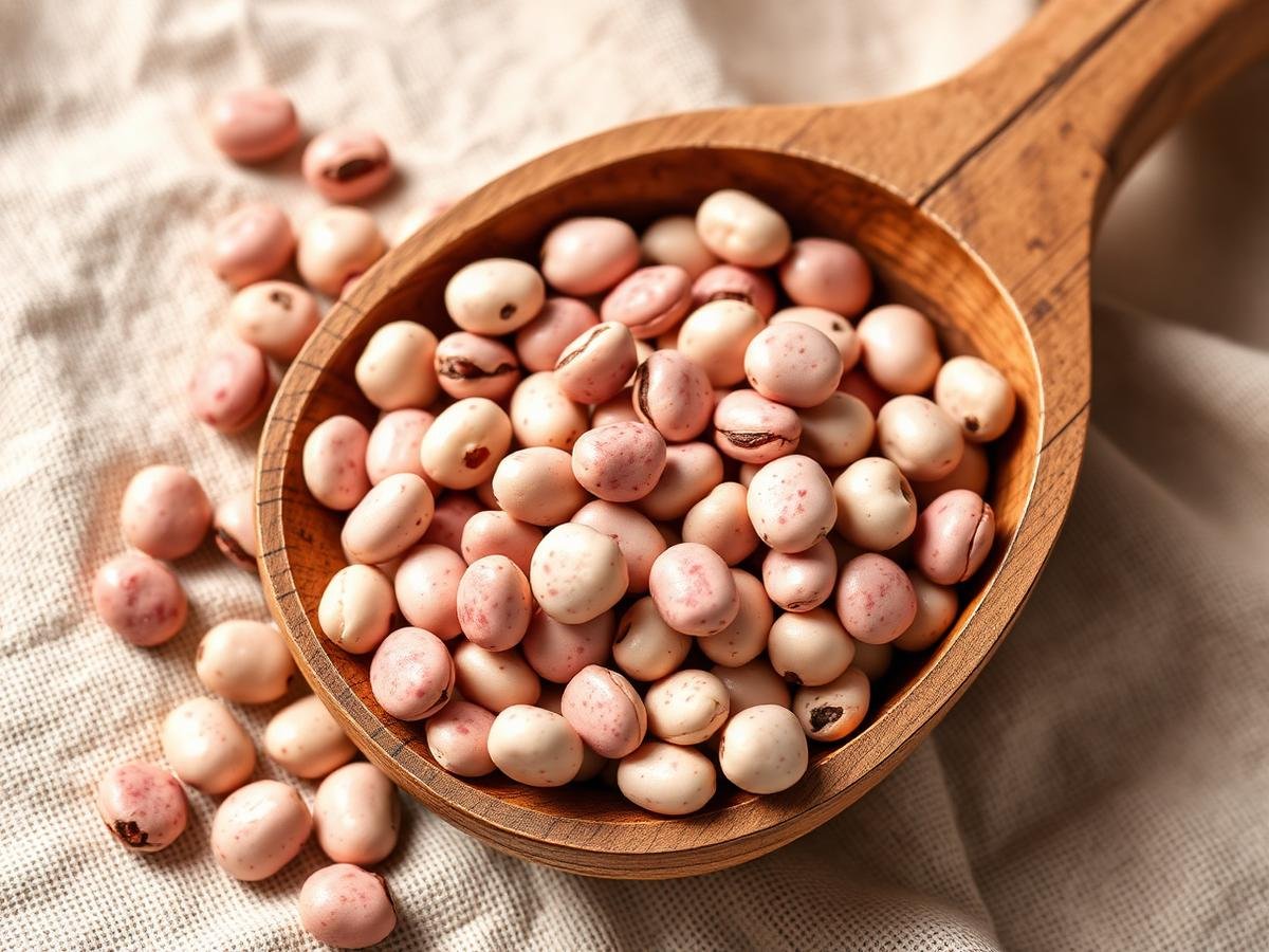 Light speckled kidney beans in a wooden scoop